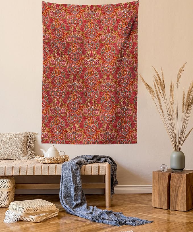 Lunarable Paisley Tapestry Twin Size, Vibrant Colored Pattern with Various Oriental Design Elements Boho Influence, Wall Hanging Bedspread Bed Cover Wall Decor, Twin Size, Ruby, 68" Width x 88" Length