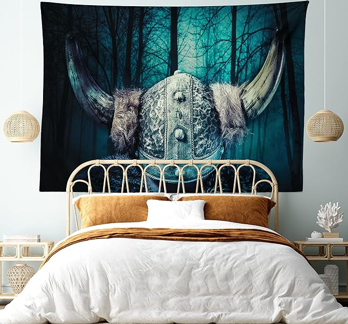 Lunarable Viking Tapestry, Barbarian Warrior Head with Horns in Mystical Scandinavian Forest, Wide Wall Hanging for Bedroom Living Room Dorm, 80" X 60", Petrol Blue Sand Brown