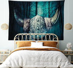 Lunarable Viking Tapestry, Barbarian Warrior Head with Horns in Mystical Scandinavian Forest, Wide Wall Hanging for Bedroom Living Room Dorm, 80" X 60", Petrol Blue Sand Brown