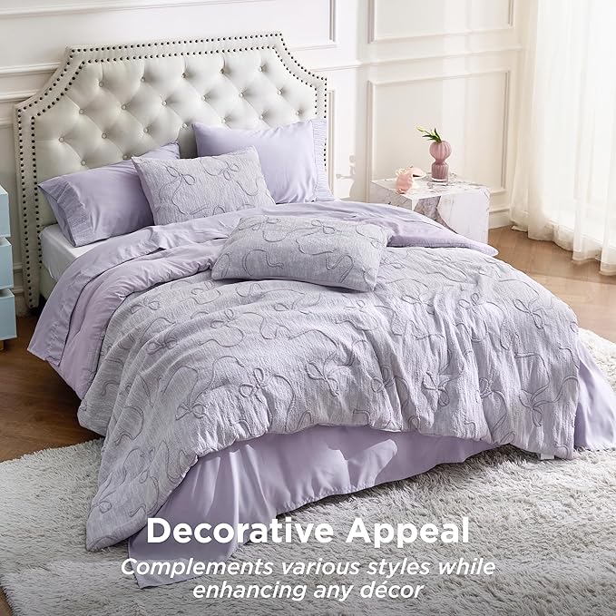 Bedsure King Size Comforter Set, Light Purple Boho Tufted Bed Set, 3D Puffy Jacquard Bedding King Size, 3 Pieces, 1 Farmhouse Shabby Chic Embroidery Comforter with Bow Pattern & 2 Pillow Cases