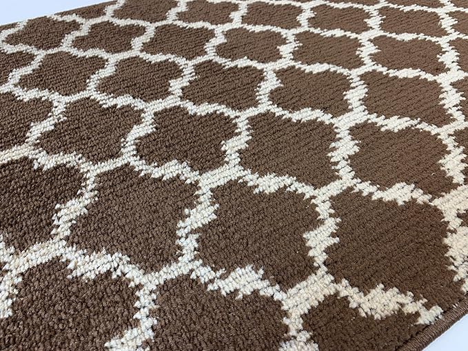 Custom Size Cut to Length Moroccan Trellis Design Runner Rug Mat For Wide Long Hallways with Non-Slip Rubber Backing, Better Traction for Pets, Prevent Slippage, Trellis Brown, 31 inch X 17 feet