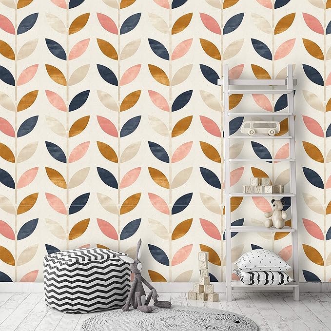 Removable Peel 'n Stick Wallpaper, Self-Adhesive Wall Mural, Rose Gold Blue Floral Pattern, Nursery Baby’s Room Decor • Scandinavian Design (24"W x 72"H Inches)