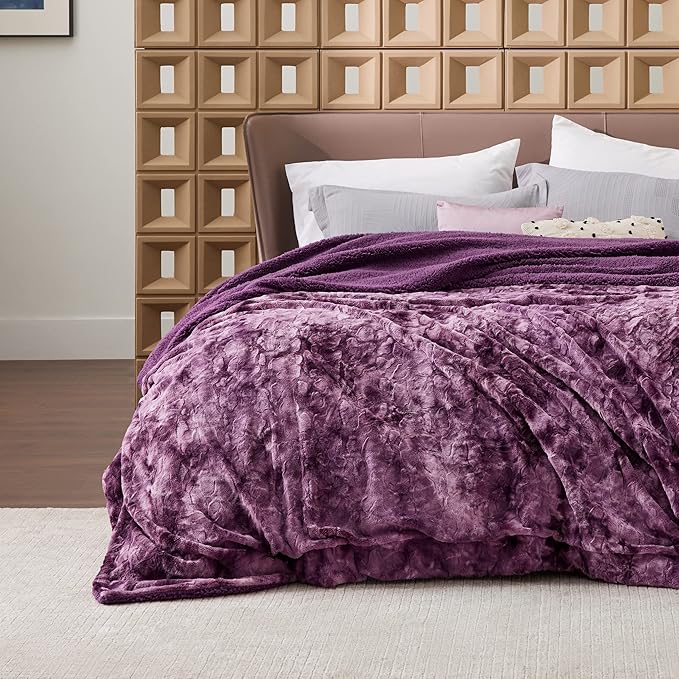 Bedsure GentleSoft Sherpa Fluffy Blanket King Size for Bed - Fleece Warm and Cozy for Women Gift, Plush & Fuzzy Faux Fur Christmas Blanket for Couch, Sofa Decor, Tie Dye Design, Purple, 108x90 Inches