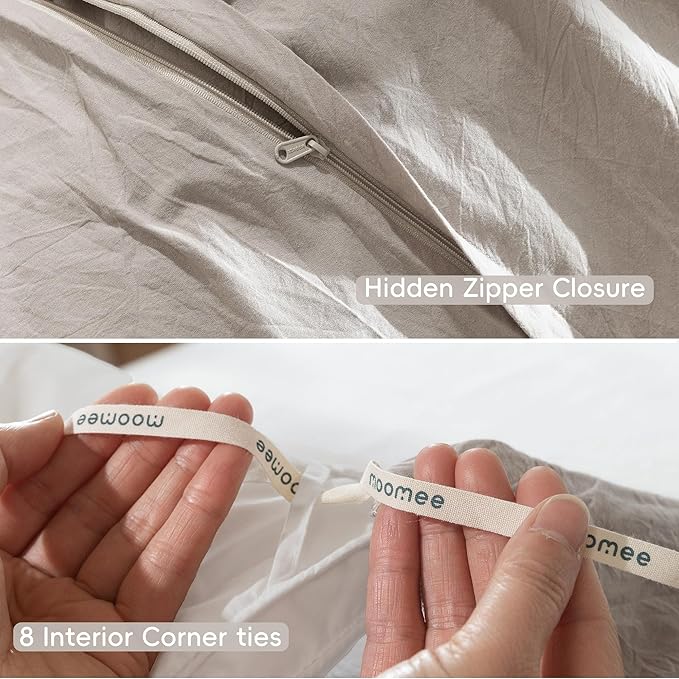 MooMee Bedding Duvet Cover Set 100% Washed Cotton Linen Like Textured Breathable Durable Soft Comfy (Solid Light Tan, Super King 108"x98")