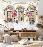 Lunarable Urban Tapestry King Size, European Coffee Shop at Paris Streets with Flowerbeds and Lanterns Romantic Print, Wall Hanging Bedspread Bed Cover Wall Decor, King Size, Beige Pink