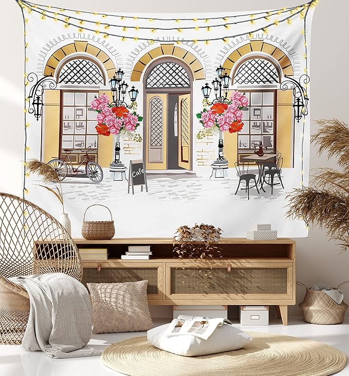Lunarable Urban Tapestry King Size, European Coffee Shop at Paris Streets with Flowerbeds and Lanterns Romantic Print, Wall Hanging Bedspread Bed Cover Wall Decor, King Size, Beige Pink