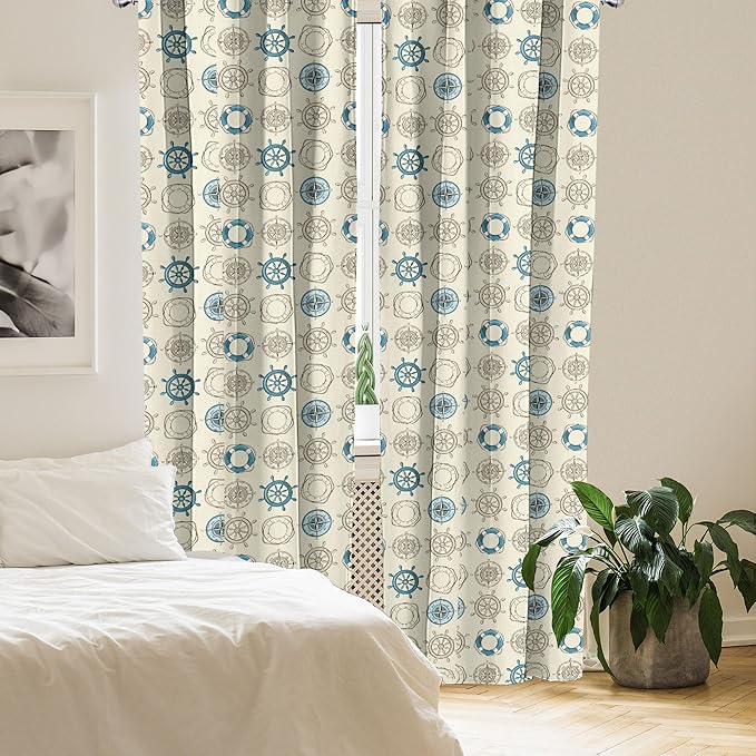 Ambesonne Compass Window Curtains, Marine Themed Doodle Art Vintage Inspirations Traveling Exploration Cruise Pattern, Lightweight Decor 2-Panel Set with Rod Pocket, Pair of - 28" x 63", Beige Teal