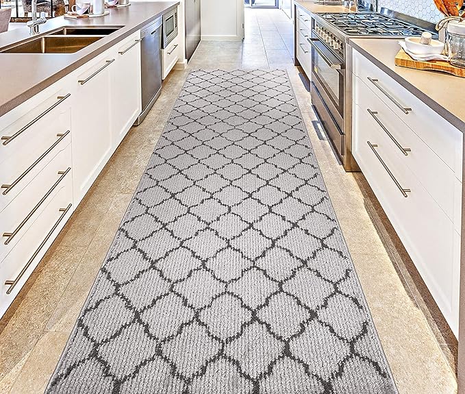Custom Size Modern Runner Rug Carpet for Hallway Entryway Foyer Kitchen, Slip Resistant Latex Rubber Backed 31 inch Wide X Customized Length, Trellis Grey, 31 inch X 24 feet