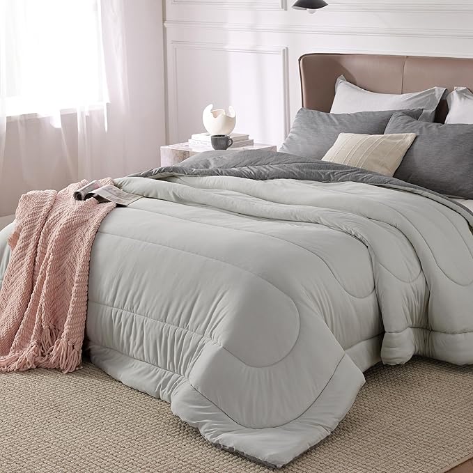 Bedsure King Comforter Set - Cooling and Warm Bed Set, Light Grey Reversible Bedding for All Season, 3 Pieces, 1 King Size Comforter (102"x90") and 2 Pillow Cases (20"x36")