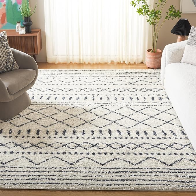 SAFAVIEH Area Rug 8x10 - Arizona Shag Collection - Large - Ivory & Slate, Moroccan Design, Non-Shedding & Easy Cleaning, Ultra Plush Thick Pile, Ideal for Living Room, Bedroom, Dining Space (ASG741M)