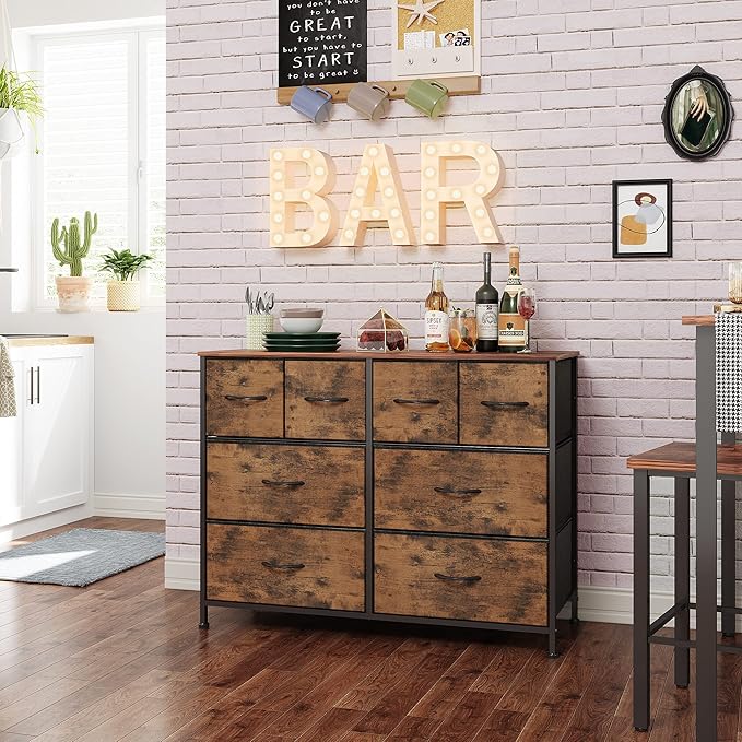 WLIVE Dresser for Bedroom with 8 Drawers, Wide Fabric Dresser for Storage and Organization, Bedroom Dressers, Chest of Drawers for Living Room, Closet, Entryway, Rustic Brown Wood Grain Print