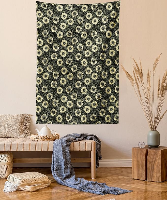 Lunarable Sunflower Tapestry Twin Size, Abstract Nature Inspired Illustration Bouquet Retro Composition, Wall Hanging Bedspread Bed Cover Wall Decor, Twin Size, Yellow Green