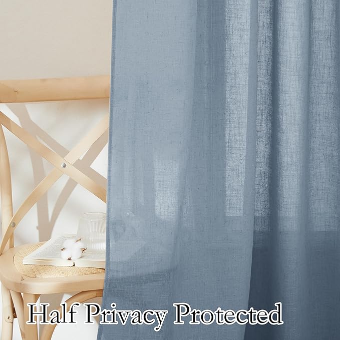 RYB HOME Flax Linen Blend Curtains 102 inches Long for Living Room, Semi Translucent Privacy Protection Light Filtering Decorative Drapes for Bedroom, W 52 x L 102 inches, Dusty Blue, 2 Panels
