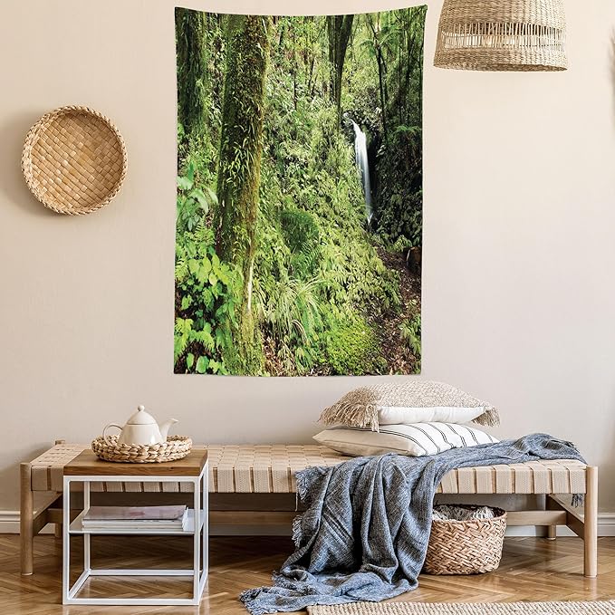 Lunarable Woodland Tapestry Twin Size, Waterfall in Deep Forest Scenery in The Woods Green of Earth Covering Plants, Wall Hanging Bedspread Bed Cover Wall Decor, Twin Size, Forest Green