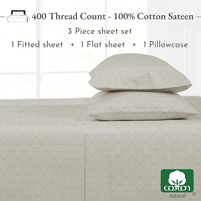 California Design Den Printed Twin XL Sheet Sets - 400 Thread Count, Natural 100% Cotton Sateen, Deep Pocket Extra Long Twin Sheets Set, Cooling and Durable Bedding Set - Taupish-Sage Crosshatch