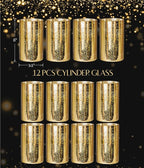 Gold Cylinder Vases for Centerpieces, Modern Glass Vase Set of 12 Decorative Hurricane Candle Holder for Pillar Candle Holders Flowers for Table Centerpiece