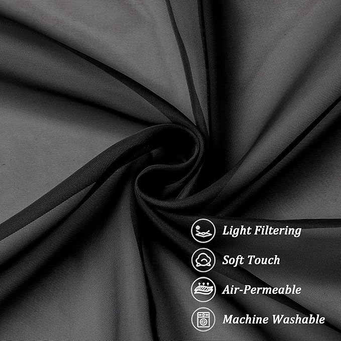 Chyhomenyc Black Sheer Curtain 72 Inches Length 2 Panels, Voile Top Dual Rod Pockets Light Filtering Airy Window Treatment Drapes for Living Room/Bedroom, Each 42Wx72L