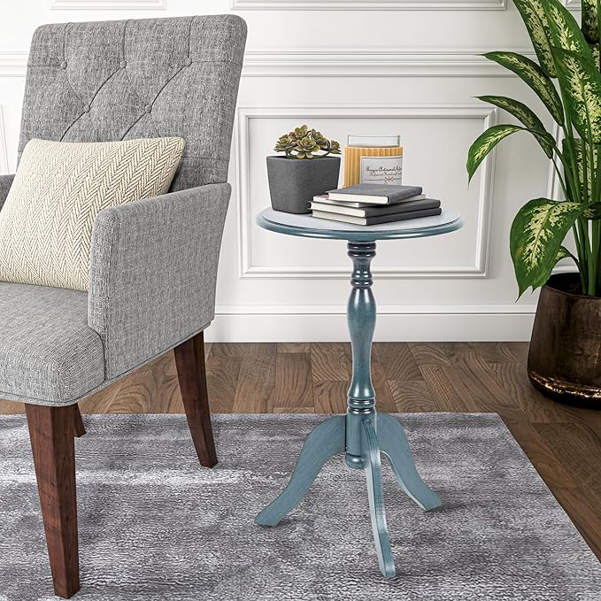Decor Therapy Simplify Round Pedestal Accent Side Table, Chic & Compact MDF Furniture for Traditional Stylish Spaces - Antique Navy - (15" x 15" x 24")