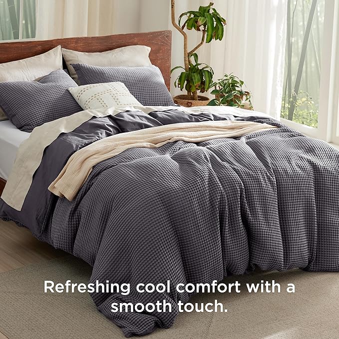 Bedsure Cooling Waffle Duvet Cover King - Cotton Blend Rayon Derived from Bamboo Duvet Cover Set for Hot Sleepers, Breathable Bedding Set with a Vintage Charm, 3 Pieces (Charcoal, King, 104"x90")
