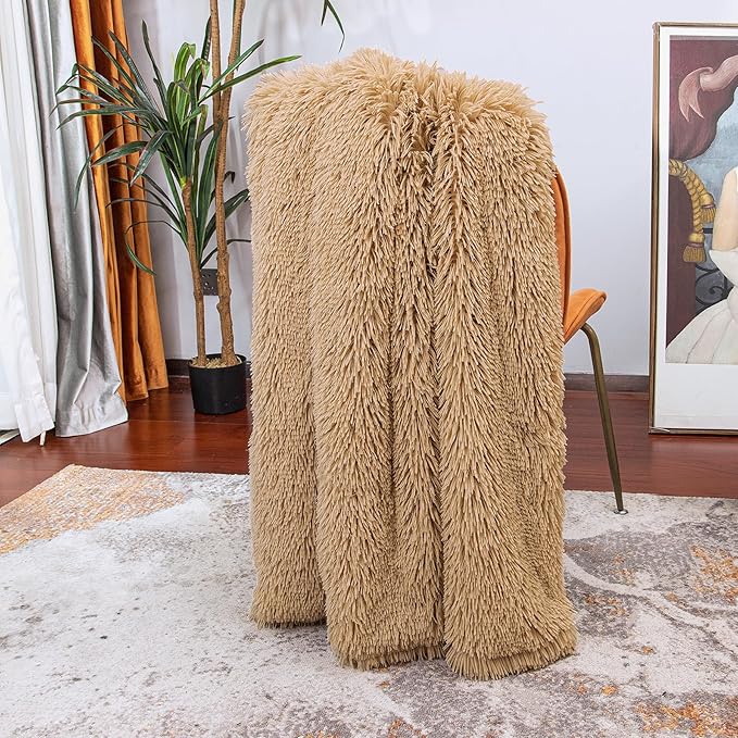 Tuddrom Decorative Extra Soft Faux Fur Blanket Twin Size,Solid Reversible Fuzzy Lightweight Long Hair Shaggy Blanket,Fluffy Plush Fleece Comfy Microfiber Throw Blanket for Couch Sofa Bed,Camel