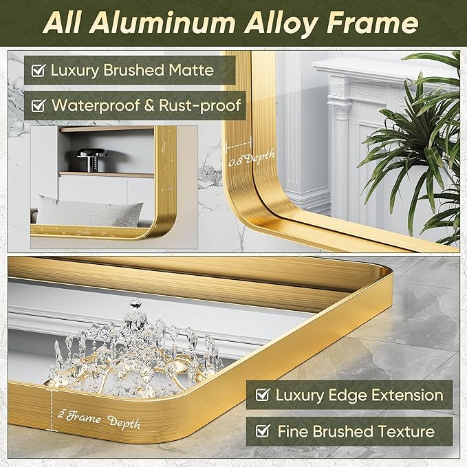 Suidia Bathroom Mirror, 36" x 55" Wall Mirror Metal Framed, Bathroom Vanity Mirror for Living Room Bedroom Bathroom Entryway, Gold, Rounded Corner Style