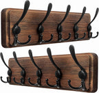 Dseap Coat Rack Wall Mounted - 5 Tri Hooks, Heavy Duty, Wooden Wall Coat Hanger Coat Hook for Clothes Hat Jacket Clothing, Natural & Black, 2 Packs