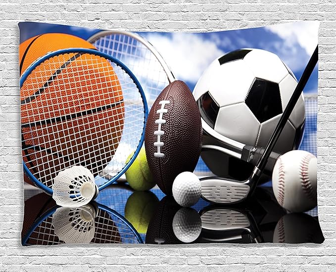 Ambesonne Sports Tapestry, Hobby Equipment Print of Football Soccer Darts Ice Hockey Baseball and Basketball Themed Print, Wide Wall Hanging for Bedroom Living Room Dorm, 80" X 60", Black Orange Blue