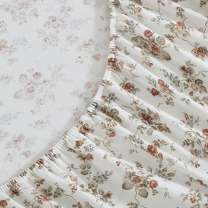 Laura Ashley - Flannel Sheets King Size, Anti-Pilling & Wrinkle Resistant Cotton, Touchably Soft for All-Season Comfort - Bed Sheets with Matching Pillowcases & Fitted Sheet (Le Fleur Orange)
