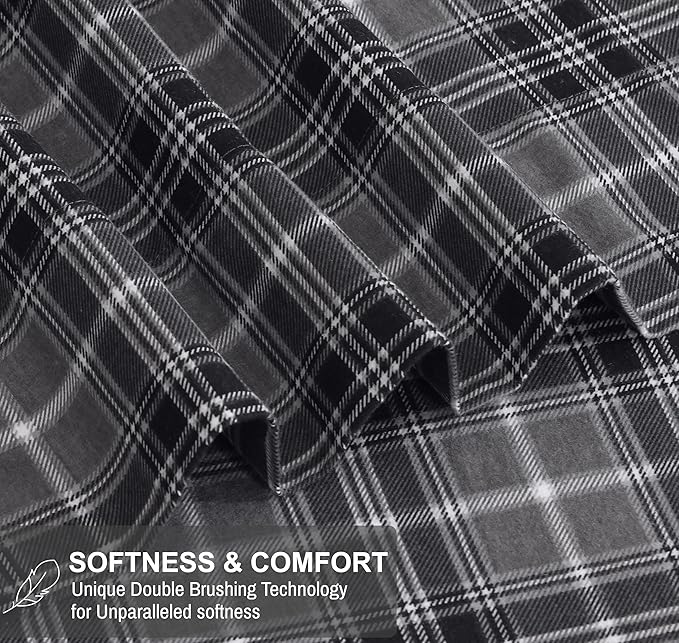 RUVANTI Flannel Sheets Twin XL Size - 100% Cotton Double Brushed Twin XL Sheet Sets, Deep Pockets 16 Inches, All Seasons Breathable & Extra Soft Bed Sheets, Warm & Cozy, 3 Piece, Grey Plaid