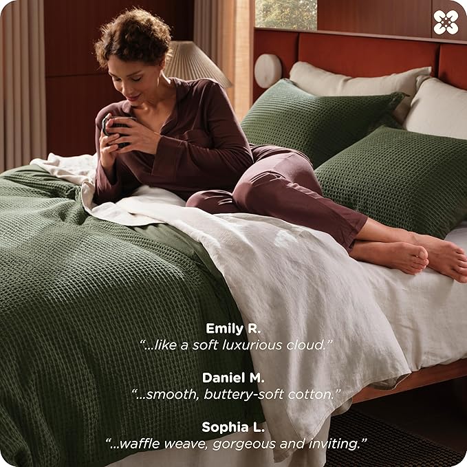 Bedsure Cotton Duvet Cover King - 100% Cotton Waffle Weave Olive Green Duvet Cover King Size, GentleSoft™ and Breathable Bedding Set for All Season, 3 Pieces, 104"x90"
