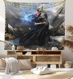 Lunarable Viking Tapestry, Thor Mjolnir and Thunder Flying Over Mountains Angry Warrior from Norse Myths, Wide Wall Hanging for Bedroom Living Room Dorm, 80" X 60", Grey Yellow