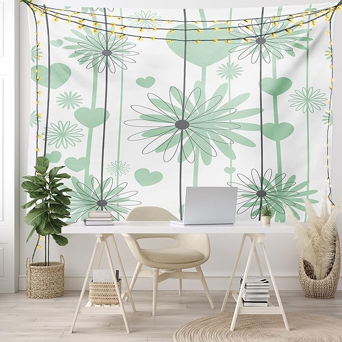 Lunarable Hearts Tapestry, Floral Abstract Striped Background Soft Color Daisies Nature Flourish, Wide Wall Hanging for Bedroom Living Room Dorm, 60" X 40", Mint Green Charcoal Grey