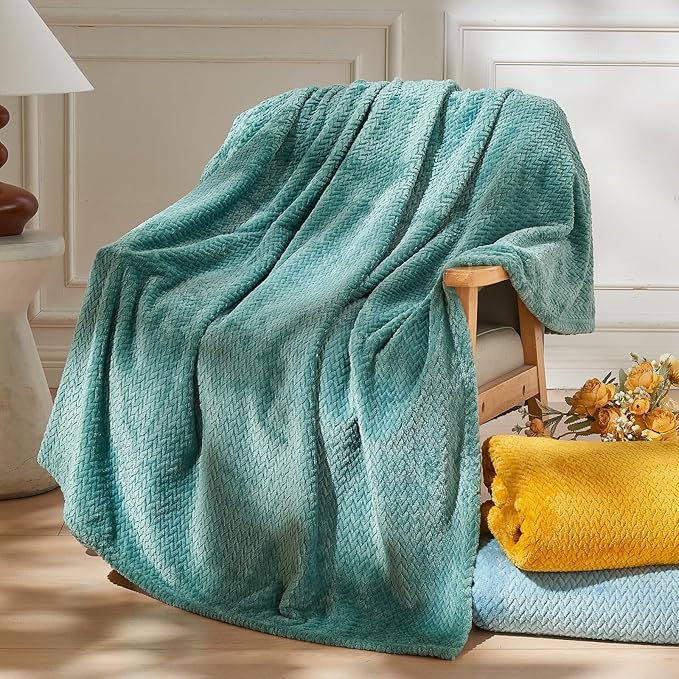 NEWCOSPLAY Super Soft Queen Blanket Light Teal Premium Silky Flannel Fleece Leaves Pattern Lightweight Bed Blanket All Season Use (Light Teal, Queen(90"x90"))