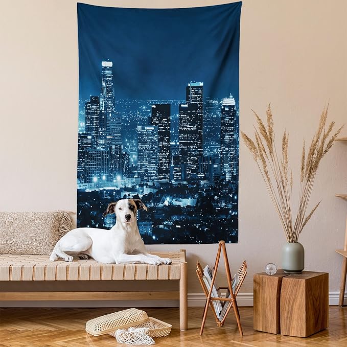 Ambesonne USA Tapestry, Los Angeles City Buildings at Night Monochromic Photo Scenery Town Dusk Scenic View, Wall Hanging for Bedroom Living Room Dorm, 60" X 80", Night Blue
