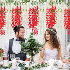 Giegxin 24 Pcs Artificial Wisteria Hanging Flowers 3.6 ft Artificial Fake Wisteria Vine Rattan Hanging Garland Silk Flowers String for Wall Home Wedding Party Greenery Decorations (Dark Red,White)