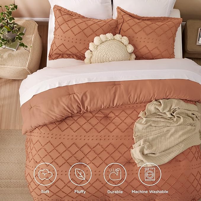 Bedsure King Comforter Set - Pumpkin Comforter, Boho Tufted Shabby Chic Bedding for Kids, 3 Pieces Vintage Farmhouse Bed Set for All Seasons, Fluffy Soft Bedding with 2 Pillow Shams