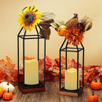 Perfnique Metal Lanterns w/ Pine Wood, Set of 2 Farmhouse Lantern Decorative w/ Waterproof Flameless Candle & Remote Timer, Modern Farmhouse Candle Holder for Outdoor, Porch, Fireplace(Wood Base)