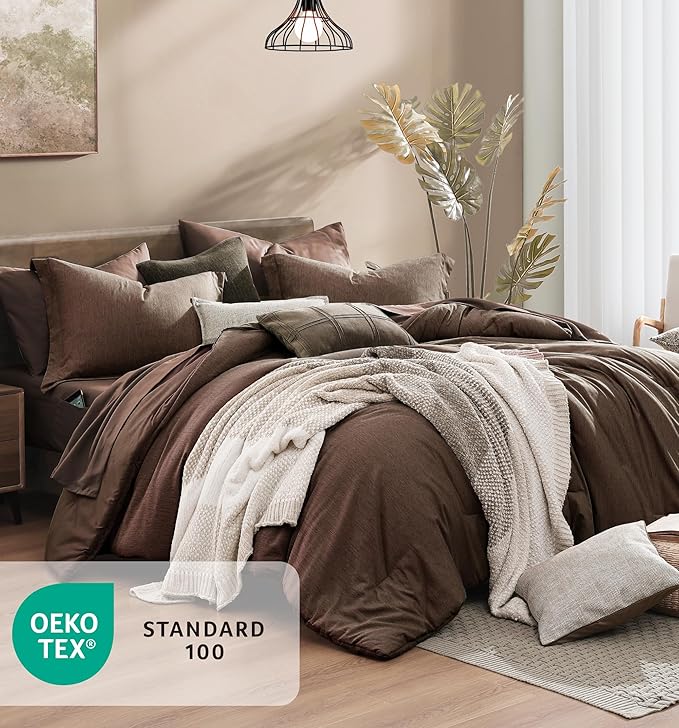 Monbix Full Size Comforter Set, Chocolate Brown Bedding Comforter for Full Size Bed Set Reversible, Bedding Sets Full 7 Pieces, Cationic Dyeing Bed in a Bag with Comforter, Sheets, Pillowcases & Shams