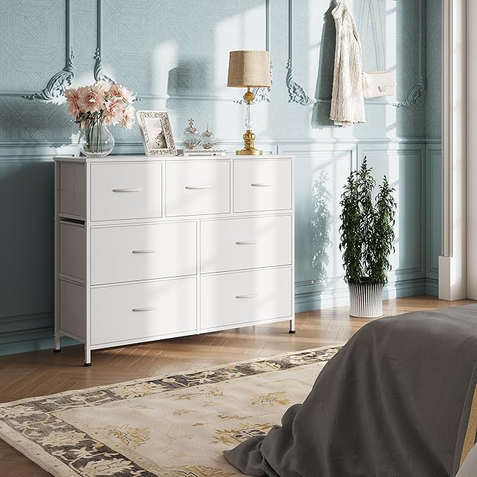 WLIVE 7 Drawer Dresser TV Stand, Dressers for Bedroom, Fabric Storage Tower, Hallway, Entryway, Closets, Sturdy Steel Frame, Wood Top, Easy Pull Handle, White