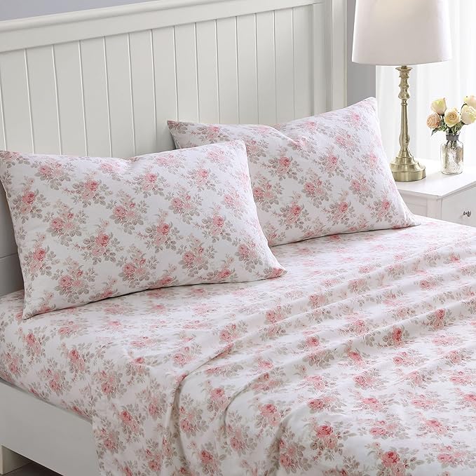 Laura Ashley - Flannel Sheets King Size, Anti-Pilling & Wrinkle Resistant Cotton, Touchably Soft for All-Season Comfort - Bed Sheets with Matching Pillowcases & Fitted Sheet (Lisalee Pink)