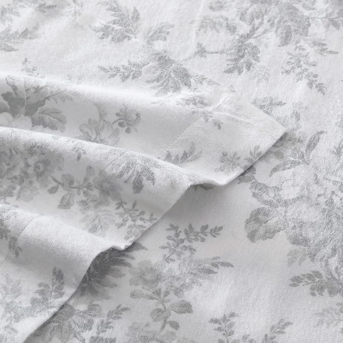 Laura Ashley - Flannel Sheets Twin Size, Anti-Pilling & Wrinkle Resistant Cotton, Touchably Soft for All-Season Comfort - Bed Sheets with Matching Pillowcase & Fitted Sheet (Vanessa Grey)
