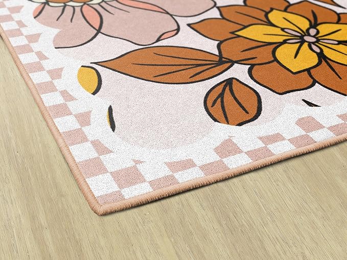 Flagship Carpets Schoolgirl Style Retro Floral Educational Area Rug for Kids Room Seating Décor, Children's Classroom, Play Carpet for Teaching and Playroom, 7'6 "x 12' Pink
