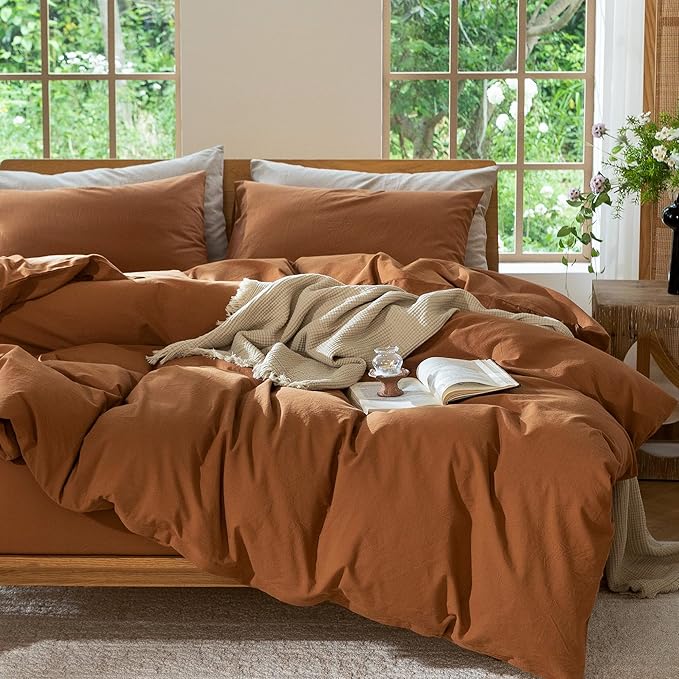 MooMee Bedding Duvet Cover Set 100% Washed Cotton Linen Like Textured Breathable Durable Soft Comfy (Solid Dark Orange, Queen 90"x90")