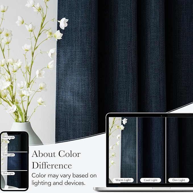 NICETOWN Short Faux Linen Navy Blue Blackout Curtains 63 inches Long for Kitchen - Privacy Panels for Living Room Bedroom, Modern Farmhouse Style Easy Care Grommet Top, 2 Panels, W42 by L63