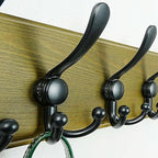 Dseap Wall Mount Coat Hanger - Heavy-Duty Robust Barnwood-Style Wooden Hook Rail with 5 Triple Hooks for Winter Coats, Hats, Jackets, Weathered Green & Black
