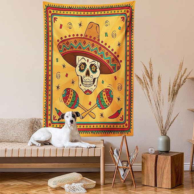 Ambesonne Mexican Tapestry, Mexican Sugar Skull Cartoon Carnival Cartoon Traditional Celebration Print, Wall Hanging for Bedroom Living Room Dorm Decor, 40" X 60", Orange Teal
