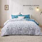 Bedsure King Comforter Set - Teal Blue Bed Set, 3 Pieces Cute Floral Bedding, 1 Soft Reversible Botanical Flowers Comforter and 2 Pillow Shams