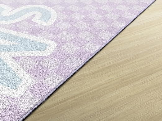 Flagship Carpets Schoolgirl Style Smiley on Lavender Checkerboard Educational Area Rug for Kids Room Seating Décor, Children's Classroom, Play Carpet for Teaching and Playroom, 7'6" x 12', Purple