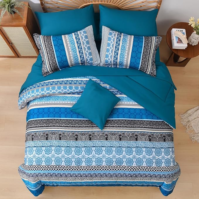 Cottolester Boho Comforter Set Queen Size,8 Pieces Teal Blue Bohemian Striped Bed in a Bag,Paisley Soft Microfiber Bedding Comforter Set