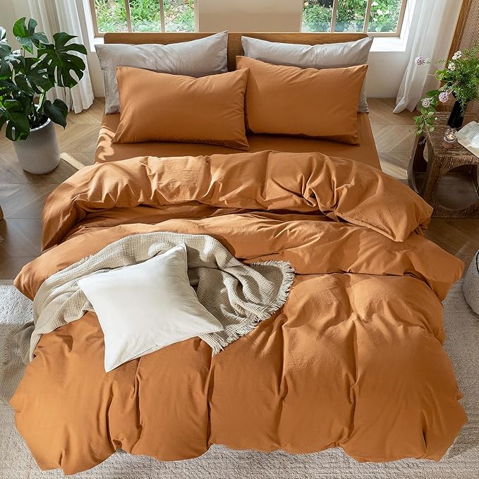 MooMee Bedding Duvet Cover Set 100% Washed Cotton Linen Like Textured Breathable Durable Soft Comfy (Solid Burnt Orange, Full 80"x90")